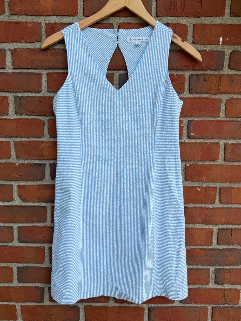 Southern Tide Light Blue Seersucker V-Neck Mini Dress